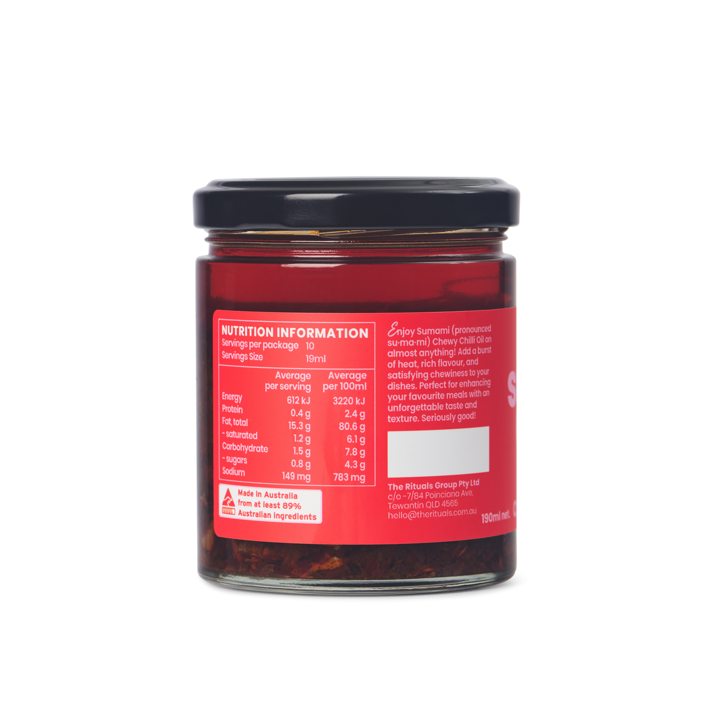 Back view of Sumami Chewy Chilli Oil jar showing ingredients and nutritional details.