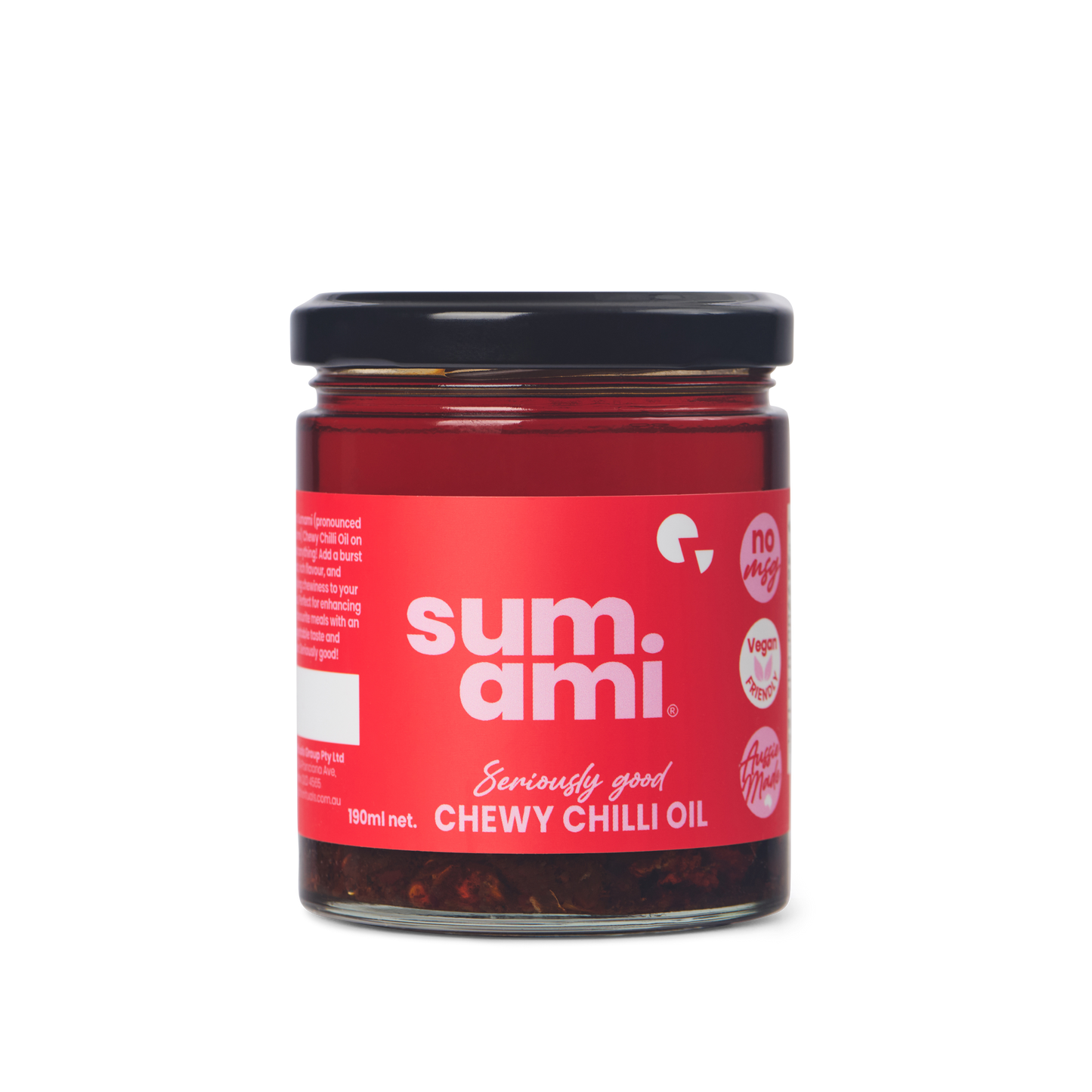Front view of Sumami Chewy Chilli Oil bottle highlighting unique chewy texture and rich flavor for enhancing dishes.