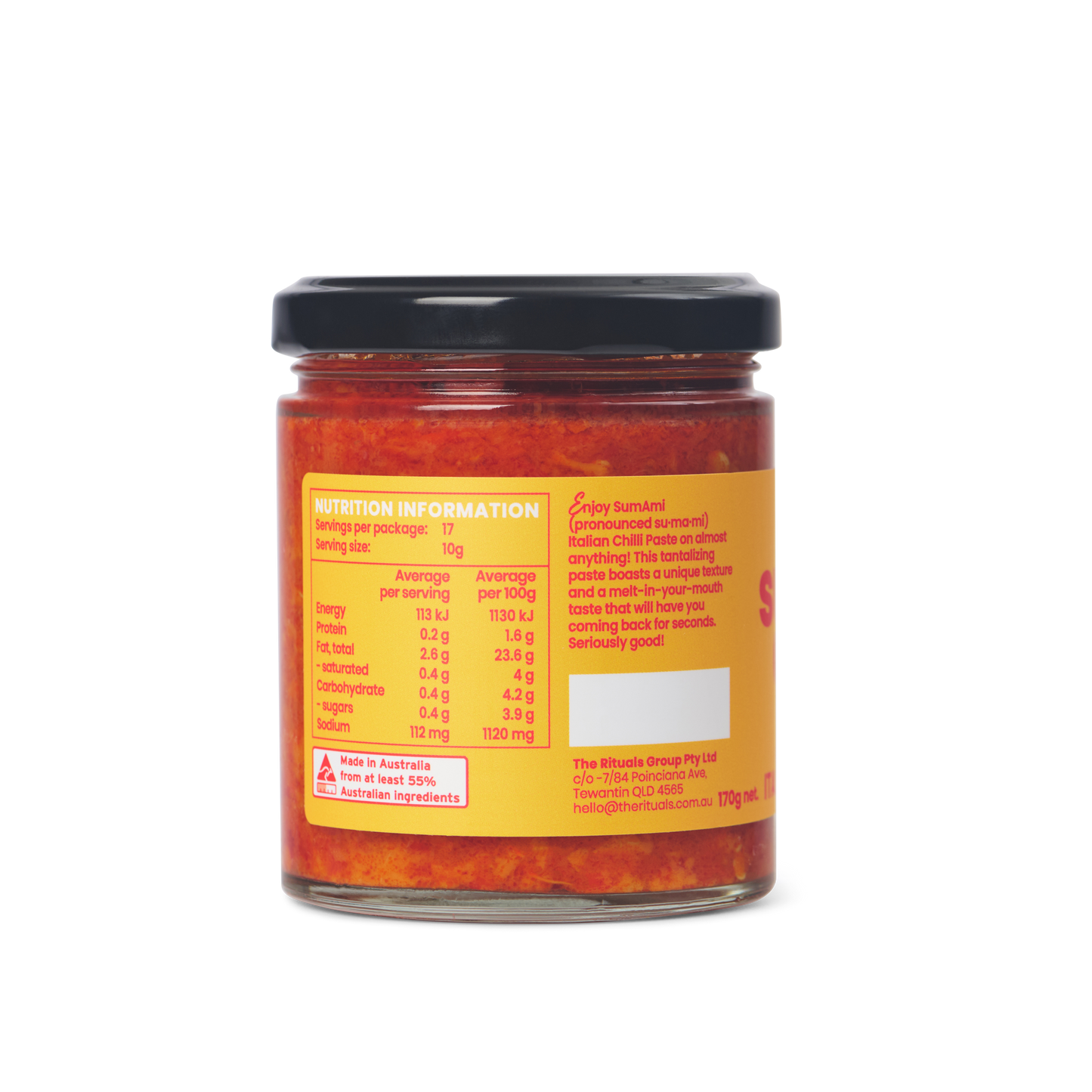 Back view of Sumami Italian Chilli Paste jar detailing ingredients and nutritional information.