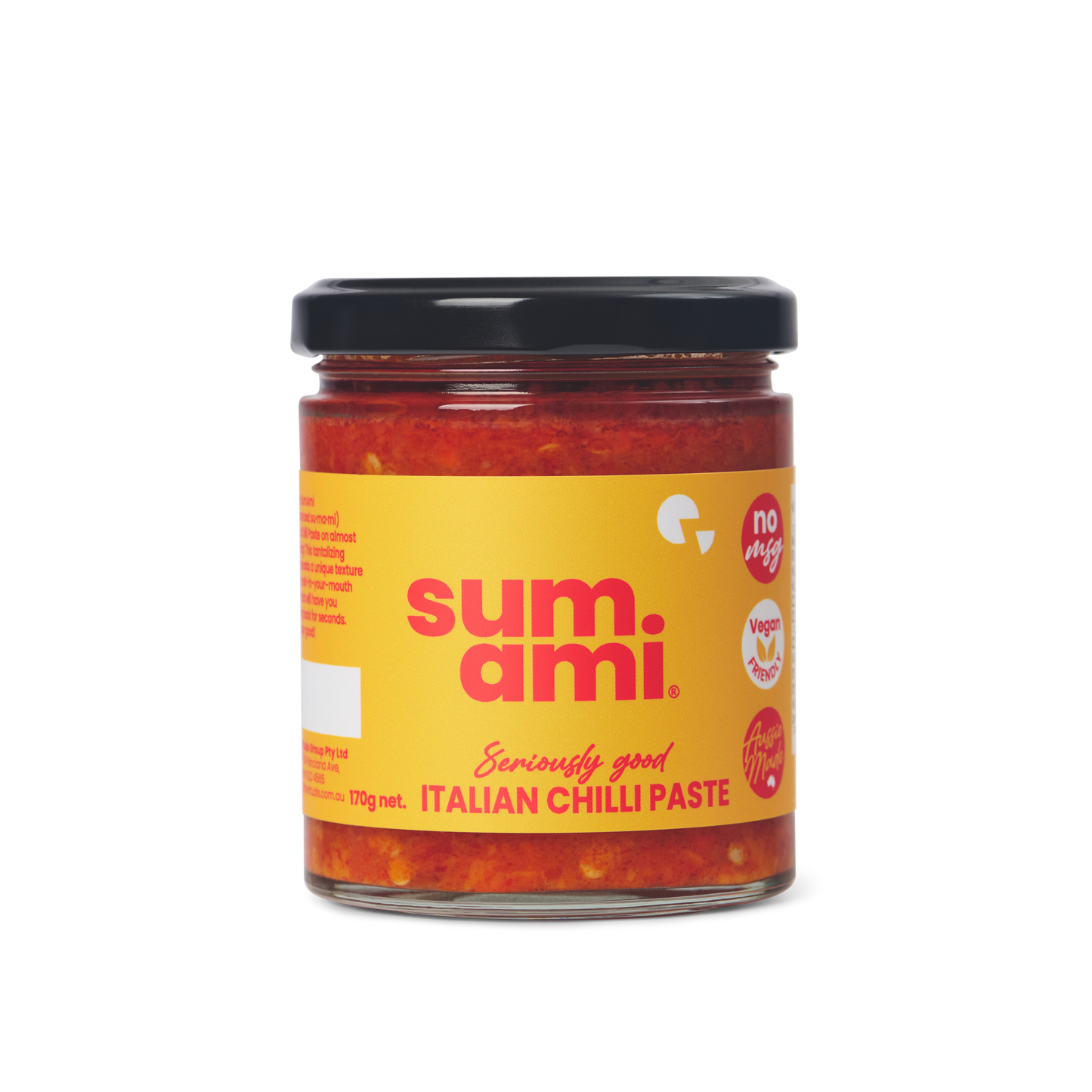 Front view of Sumami Italian Chilli Paste jar emphasizing spicy Italian condiment for pasta and marinades.