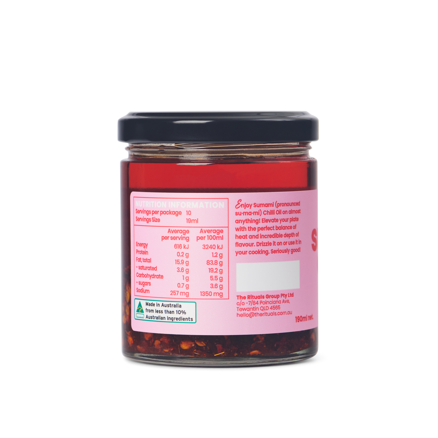 Back view of Sumami Original Chilli Oil jar displaying ingredients and nutritional information.