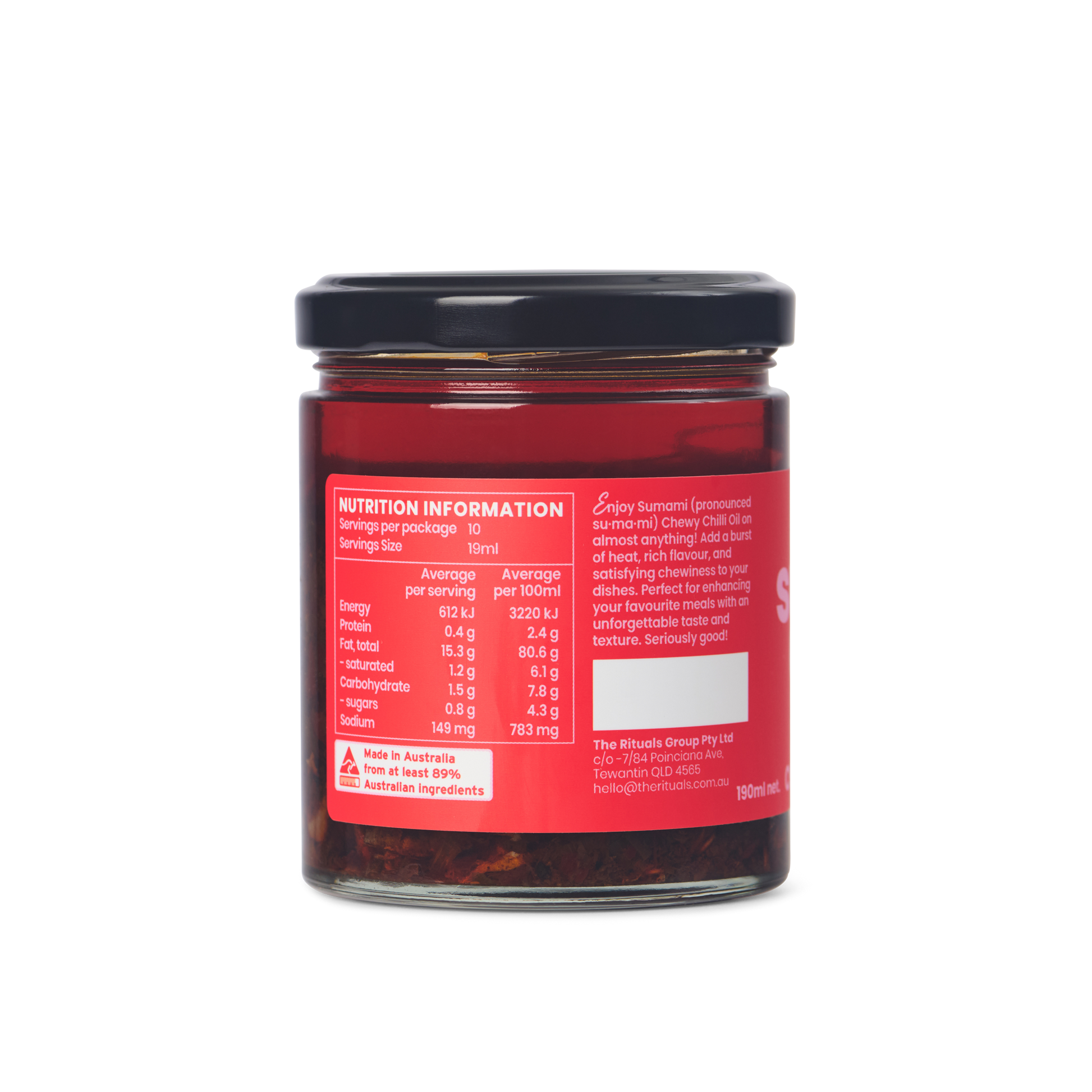 Back view of Sumami Chewy Chilli Oil jar showing ingredients and nutritional details.