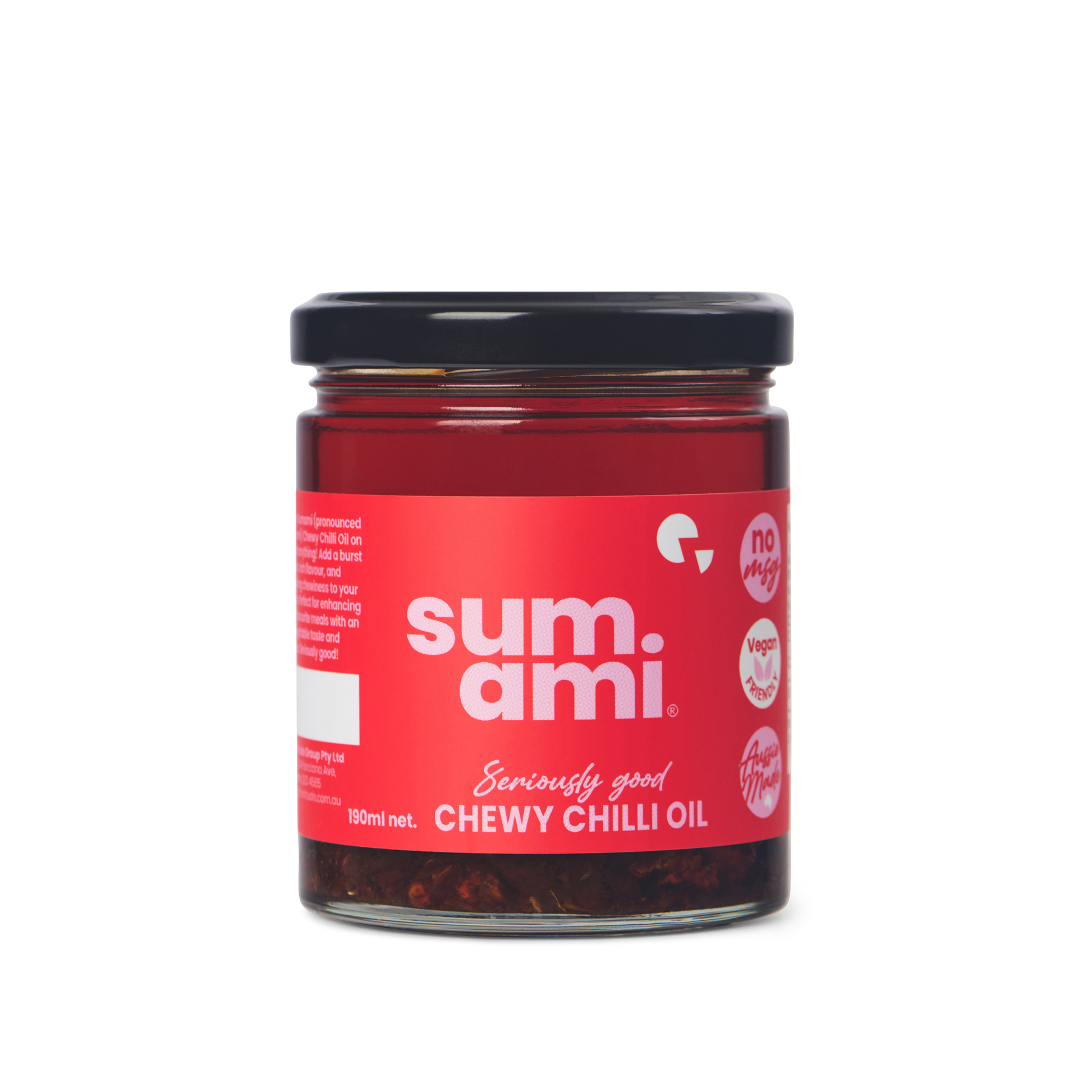 Front view of Sumami Chewy Chilli Oil bottle highlighting unique chewy texture and rich flavor for enhancing dishes.
