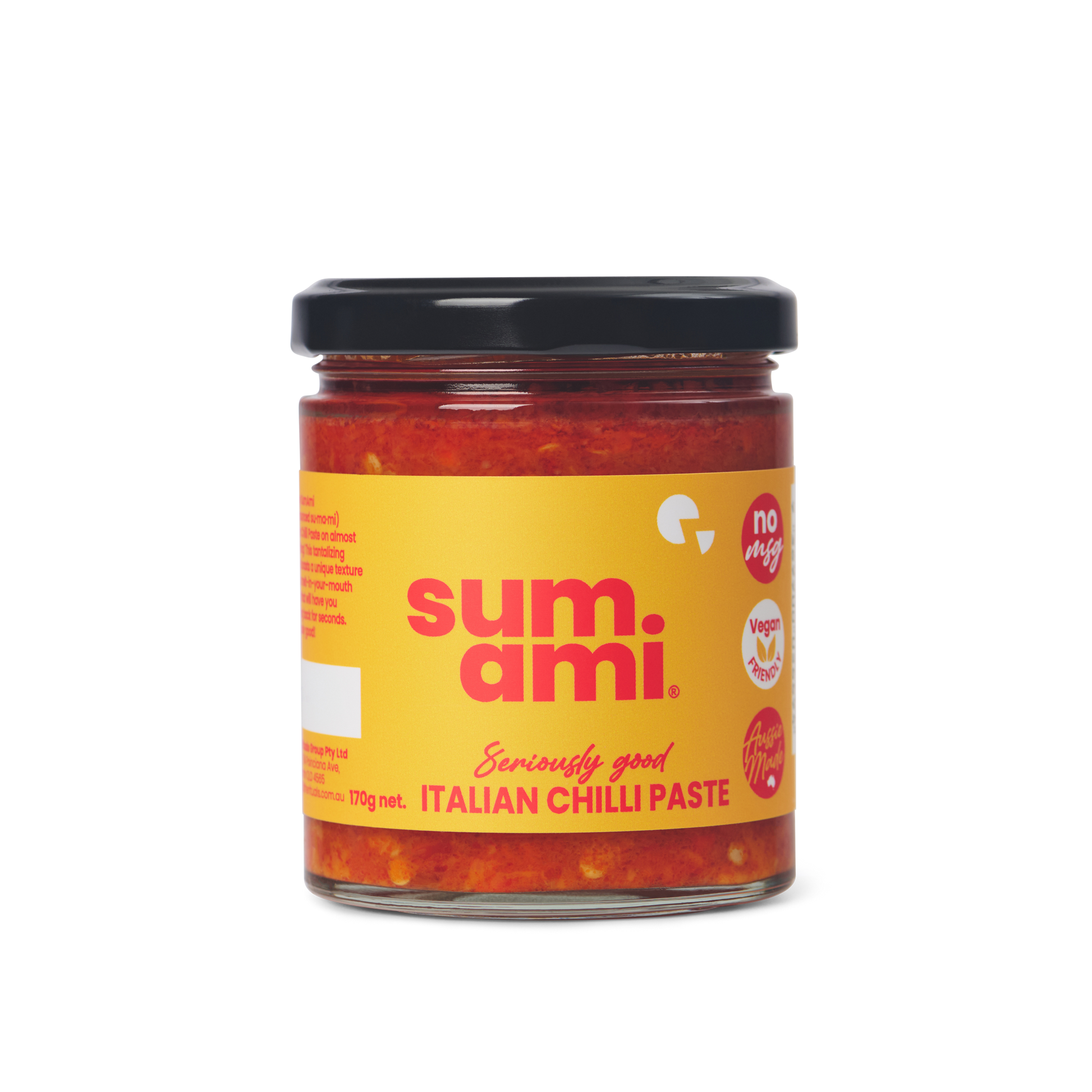 Front view of Sumami Italian Chilli Paste jar emphasizing spicy Italian condiment for pasta and marinades.