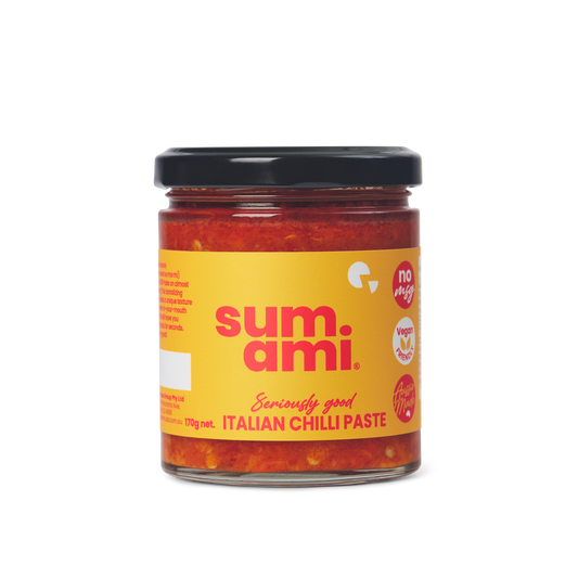 Front view of Sumami Italian Chilli Paste jar emphasizing spicy Italian condiment for pasta and marinades.