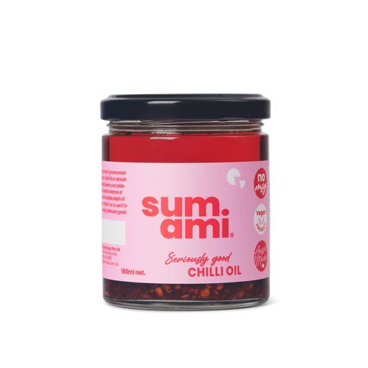 Front view of Sumami Original Chilli Oil jar showcasing gourmet chilli oil for cooking and drizzling.